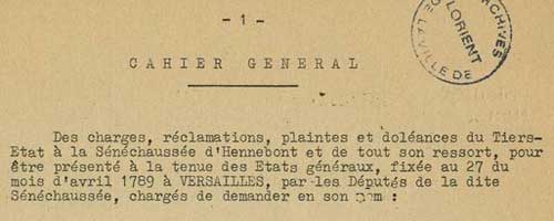 Cahier des doléances de la sénéchaussée d'Hennebont